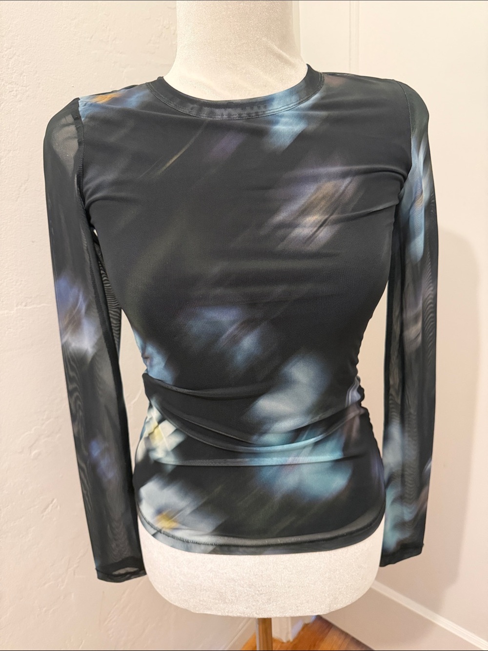 Rag & Bone Black Long Sleeve Top with Blue and Gold Accents Mesh